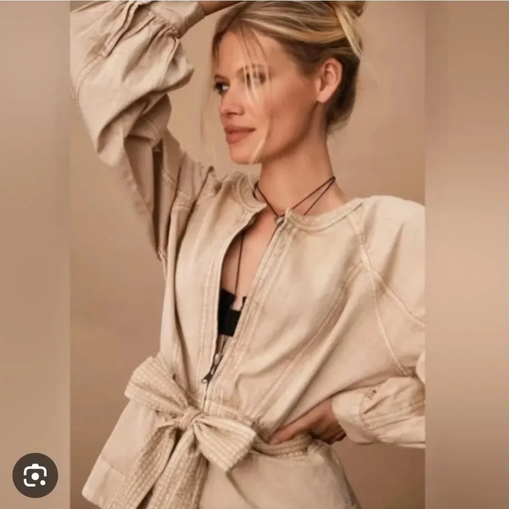 By Anthropologie Belted Round Neck Utility Jacket Tan Brown Size XL Sand Sable - Picture 4 of 15